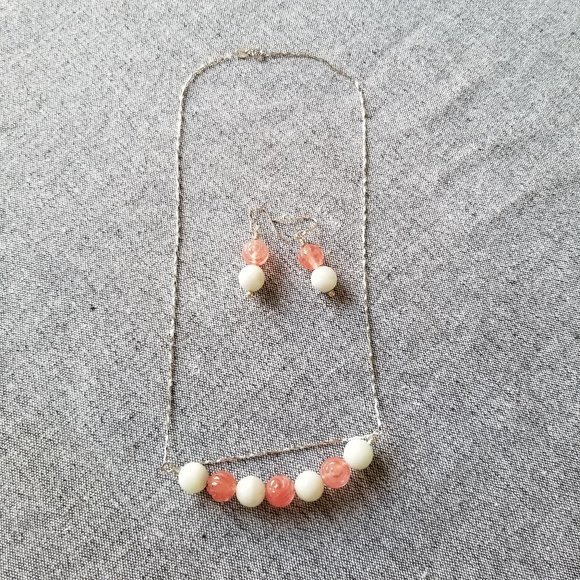 New Sterling Silver and gemstone necklace and earrings with carved cherry quartz - Picture 1 of 5
